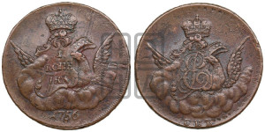 Копейка 1756 года СПБ (с орлом в облаках, гурт сетчатый, гурт гладкий)