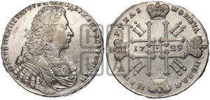1 рубль 1729 года (голова внутри надписи, со звездой на груди, в венке ленты)