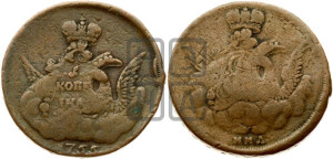 Копейка 1755 года ММД (с орлом в облаках, гурт сетчатый, гурт гладкий)
