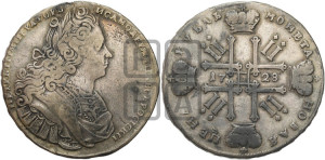 1 рубль 1728 года (голова разделяет надпись, в венке бант)