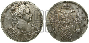 1 рубль 1734 года (Большая голова, корона разделяет надпись, двойная складка над корсажем)