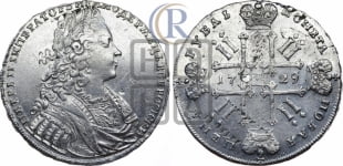 1 рубль 1729 года (голова внутри надписи, без звезды на груди, в венке ленты)