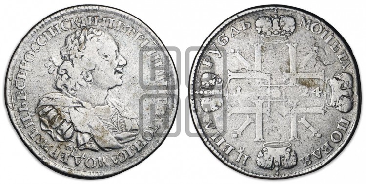 1 рубль 1724 года (“Солнечник”, портрет с наплечниками,  СПБ(В)   под портретом, без пряжки)