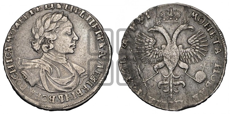 1 рубль 1719 года (портрет в латах, знак медальера ОК, без обозначения минцмейстера)