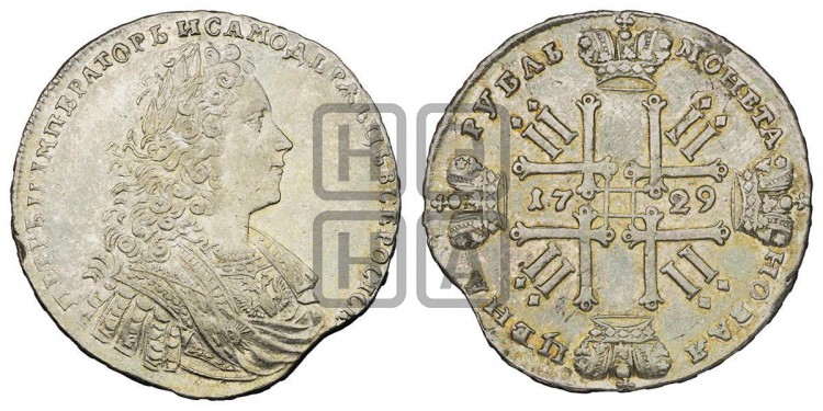 1 рубль 1729 года (голова внутри надписи, со звездой на груди, в венке ленты)