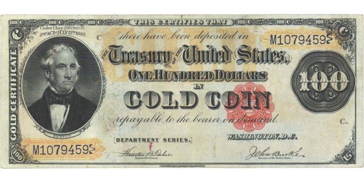 Золотой сертификат Казначейства Соединенных Штатов 100 долларов 1882 года