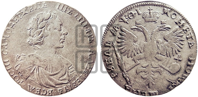 1 рубль 1719 года ОК (портрет в латах, знак медальера ОК, без обозначения минцмейстера) - Биткин: #254