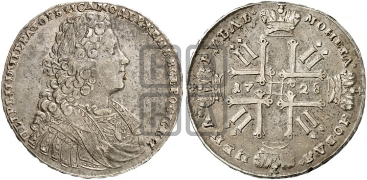 1 рубль 1728 года (голова внутри надписи, со звездой на плаще) - Биткин: #63