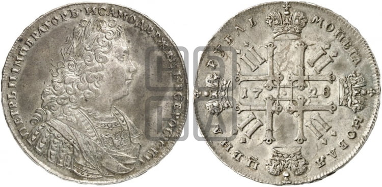 1 рубль 1728 года (голова внутри надписи, со звездой на плаще) - Биткин: #66