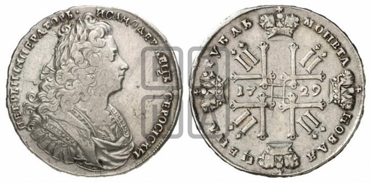 1 рубль 1729 года (голова разделяет надпись, без звезды на груди, в венке бант) - Биткин #90 (R)