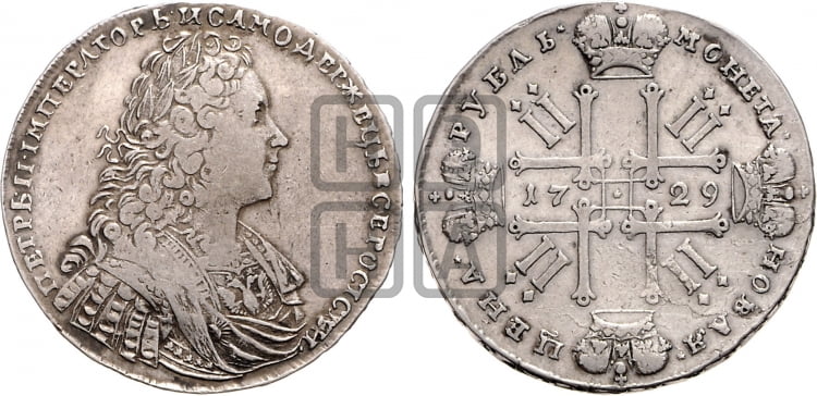 1 рубль 1729 года (голова внутри надписи, со звездой на груди, в венке ленты) - Биткин: #107