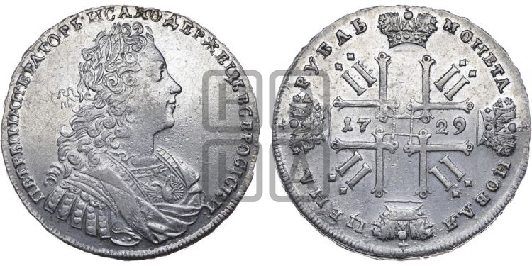 1 рубль 1729 года (голова внутри надписи, со звездой на груди, в венке ленты) - Биткин: #109