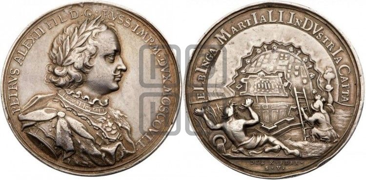 медаль Взятие Эльбингена, 10 февраля 1710 - Дьяков: 30.1
