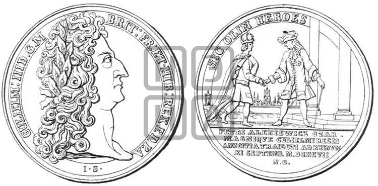 медаль Встреча Петра I с королем Англии Вильгельмом III, 11 сентября 1697 - Дьяков: 7.1
