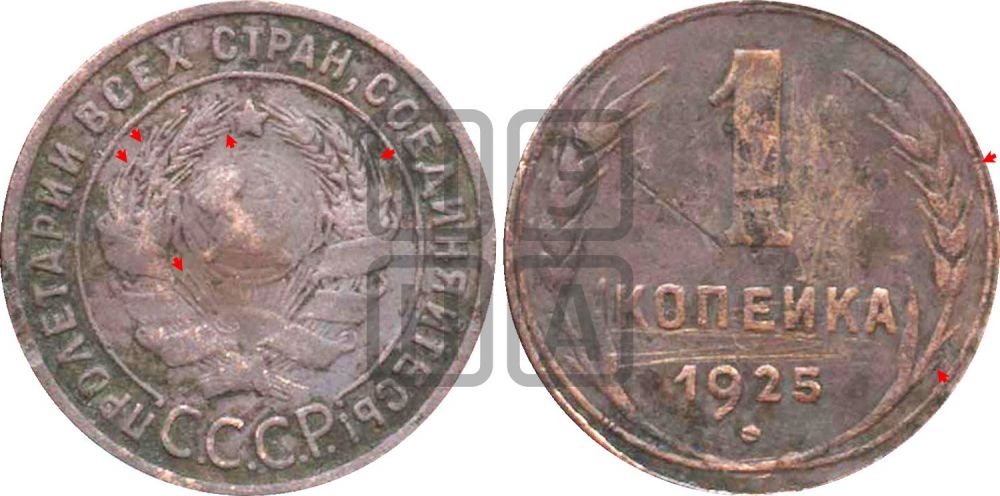 1 копейка 1925 года (серп в полюсе)| Адрианов - 9г