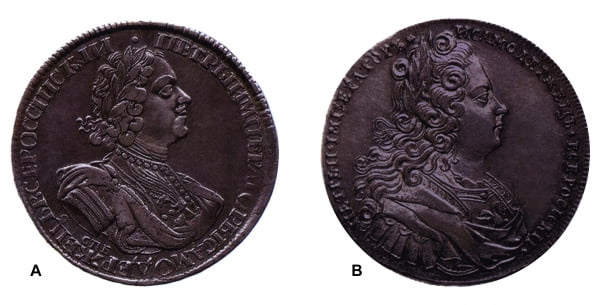 Рубли Петра I (1725 г.) и Петра II (1727 г.)