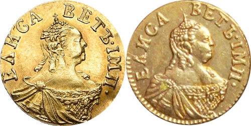Сравнение аверсов золотых подлинной и сувенирной монет 18-го