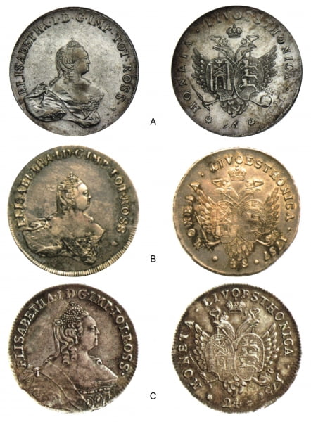 Монеты для Прибалтийских провинций - ливонезы с портретом Елизаветы Петровны, 1757 г.