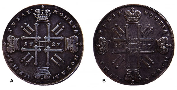 Оборотная сторона рублей, чеканенных на Московском монетном дворе в 1727 г.