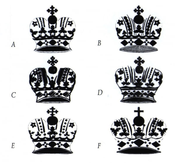 Основные варианты корон на оборотной стороне рублей Петра II 1727—1729 гг.