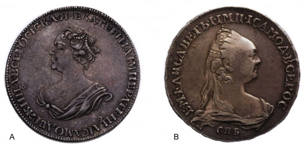 Портретная сторона рублевиков Екатерины I и Елизаветы I