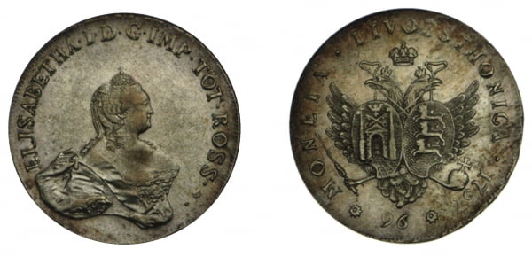 Монета специального выпуска. 96 копеек (ливонез), 1757 г.