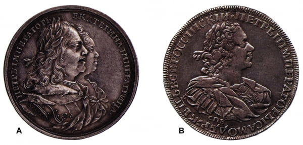 Медаль на коронацию Екатерины I и рубль Петра I, 1724 г.