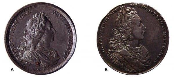 Медаль в память кончины Петра II работы Г.В. Вестнера и рубль Петра II, 1727 г. 