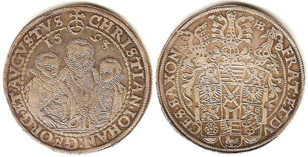 Саксонский талер 1595 года, Христиан II, Иоганн Георг I и Август. На сленге нумизматов: «три брата»