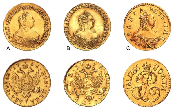 Золотые монеты Елизаветы Петровны, предназначенные для дворцового обихода